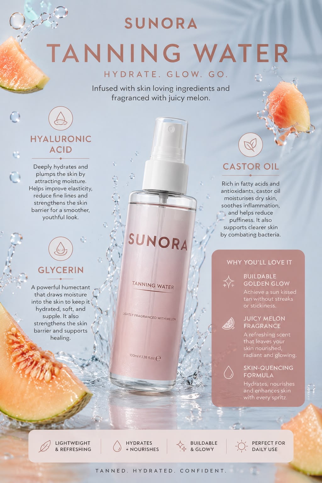 SUNORA Self-Tanning Water | Hyaluronic Acid | Moisturising | Hydrating - Melon Scent